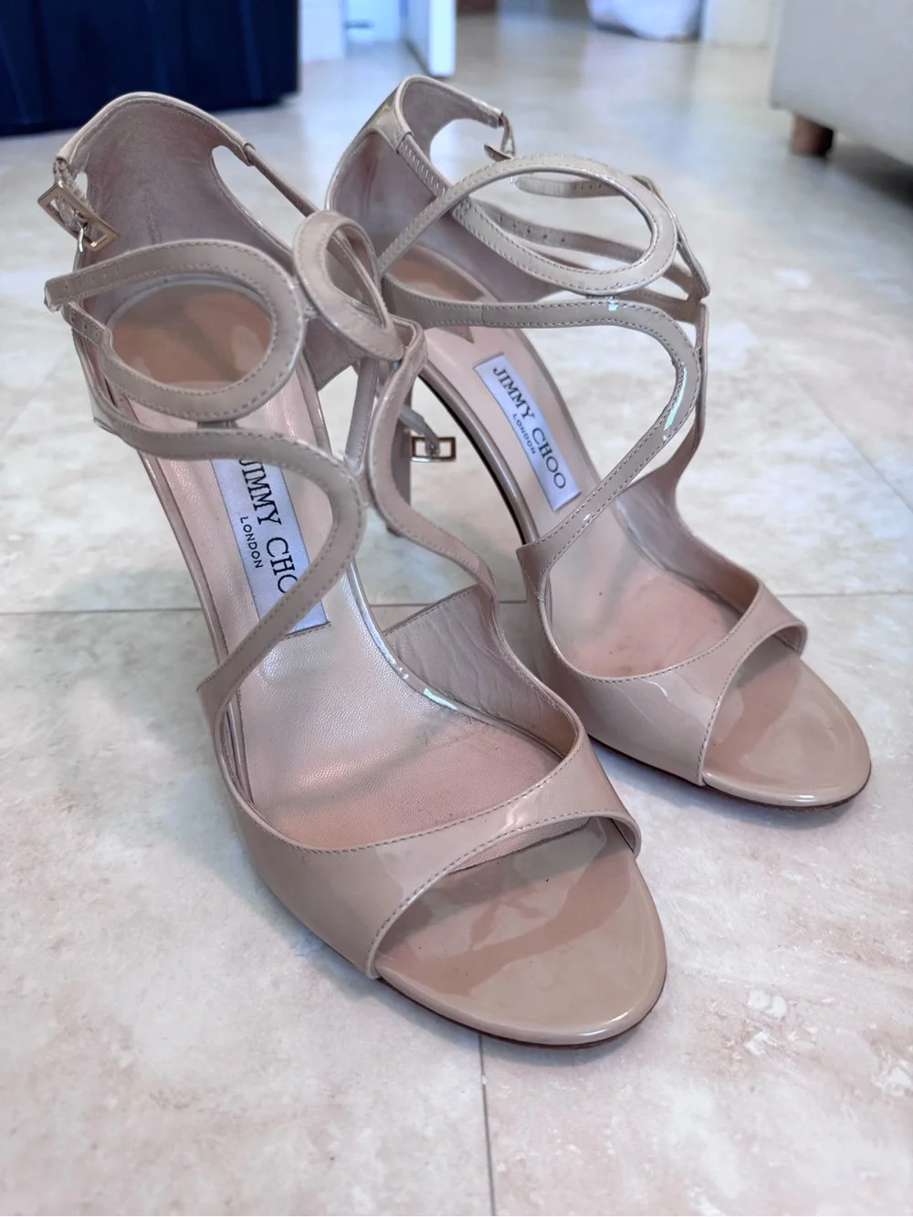 Jimmy Choo Beige Patent Leather Strappy Heels
